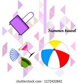 summer travel suitcase cocktail ball hat shell vector background