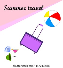summer travel suitcase cocktail ball hat shell vector background