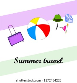 summer travel suitcase cocktail ball hat shell vector background