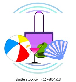 summer travel suitcase cocktail ball hat shell vector background