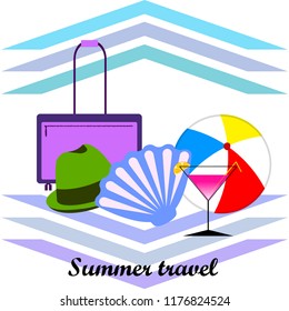 summer travel suitcase cocktail ball hat shell vector background
