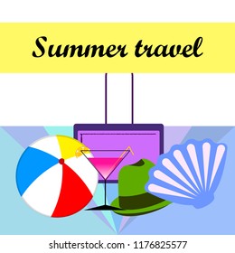 summer travel suitcase cocktail ball hat shell vector background