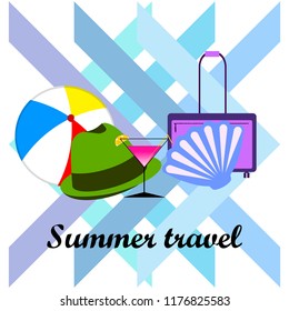 summer travel suitcase cocktail ball hat shell vector background