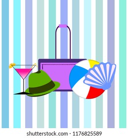 summer travel suitcase cocktail ball hat shell vector background