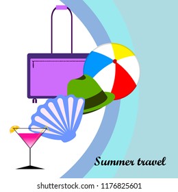 summer travel suitcase cocktail ball hat shell vector background