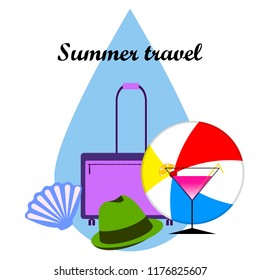 summer travel suitcase cocktail ball hat shell vector background