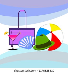 summer travel suitcase cocktail ball hat shell vector background