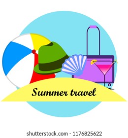 summer travel suitcase cocktail ball hat shell vector background