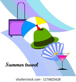 summer travel suitcase cocktail ball hat shell vector background