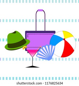 summer travel suitcase cocktail ball hat shell vector background