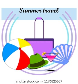 summer travel suitcase cocktail ball hat shell vector background