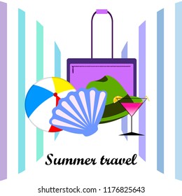 summer travel suitcase cocktail ball hat shell vector background