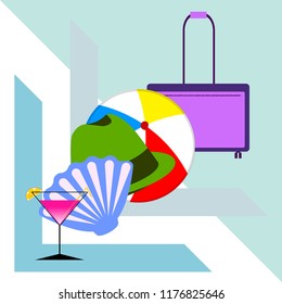 summer travel suitcase cocktail ball hat shell vector background