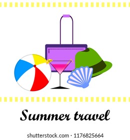 summer travel suitcase cocktail ball hat shell vector background