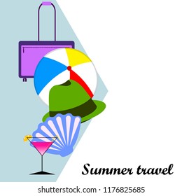 summer travel suitcase cocktail ball hat shell vector background