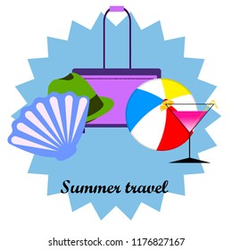 summer travel suitcase cocktail ball hat shell vector background