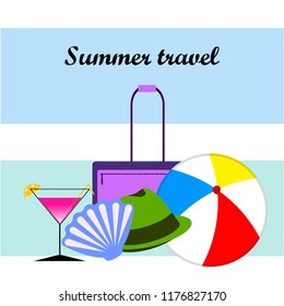 summer travel suitcase cocktail ball hat shell vector background
