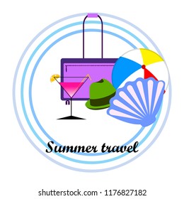 summer travel suitcase cocktail ball hat shell vector background