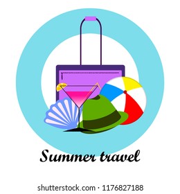 summer travel suitcase cocktail ball hat shell vector background