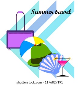 summer travel suitcase cocktail ball hat shell vector background