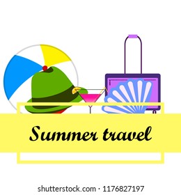 summer travel suitcase cocktail ball hat shell vector background