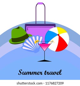 summer travel suitcase cocktail ball hat shell vector background