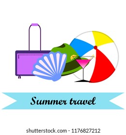 summer travel suitcase cocktail ball hat shell vector background