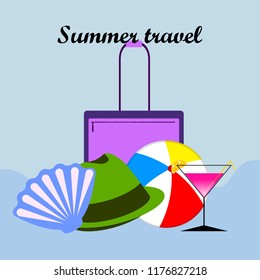 summer travel suitcase cocktail ball hat shell vector background