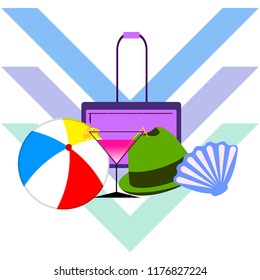 summer travel suitcase cocktail ball hat shell vector background