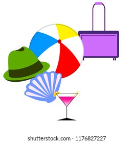 summer travel suitcase cocktail ball hat shell vector background