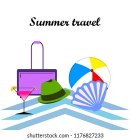 summer travel suitcase cocktail ball hat shell vector background