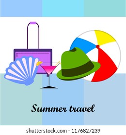 summer travel suitcase cocktail ball hat shell vector background