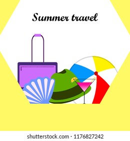 summer travel suitcase cocktail ball hat shell vector background