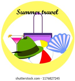 summer travel suitcase cocktail ball hat shell vector background