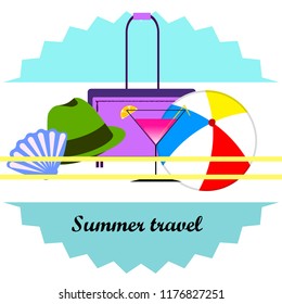 summer travel suitcase cocktail ball hat shell vector background