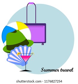 summer travel suitcase cocktail ball hat shell vector background