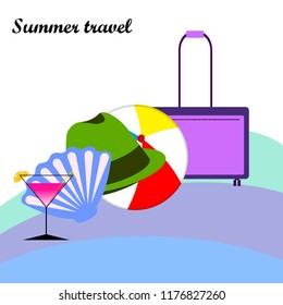 summer travel suitcase cocktail ball hat shell vector background