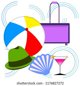 summer travel suitcase cocktail ball hat shell vector background