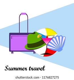 summer travel suitcase cocktail ball hat shell vector background