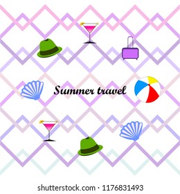 summer travel suitcase cocktail ball hat shell vector background