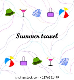 summer travel suitcase cocktail ball hat shell vector background