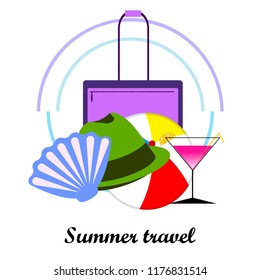 summer travel suitcase cocktail ball hat shell vector background