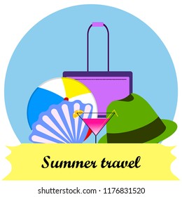 summer travel suitcase cocktail ball hat shell vector background