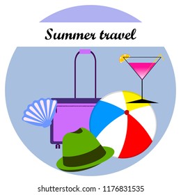 summer travel suitcase cocktail ball hat shell vector background