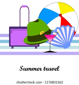 summer travel suitcase cocktail ball hat shell vector background