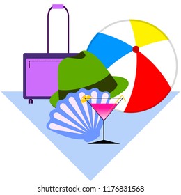 summer travel suitcase cocktail ball hat shell vector background