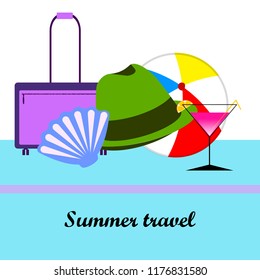 summer travel suitcase cocktail ball hat shell vector background
