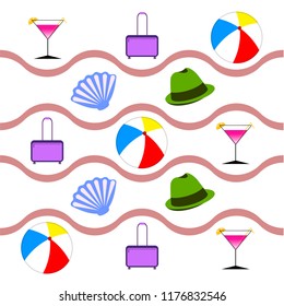 summer travel suitcase cocktail ball hat shell vector background