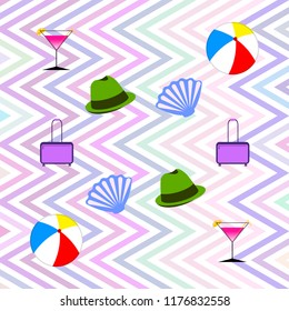 summer travel suitcase cocktail ball hat shell vector background