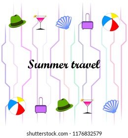 summer travel suitcase cocktail ball hat shell vector background